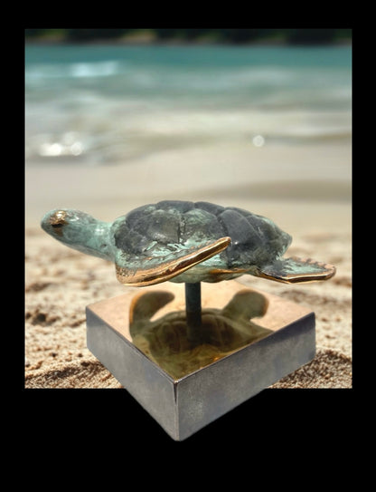 Bronzeskulptur af havskildpadde, 16x16x12 cm, symboliserer ro og beskyttelse af truede havdyr, signeret Johannes Sampson.