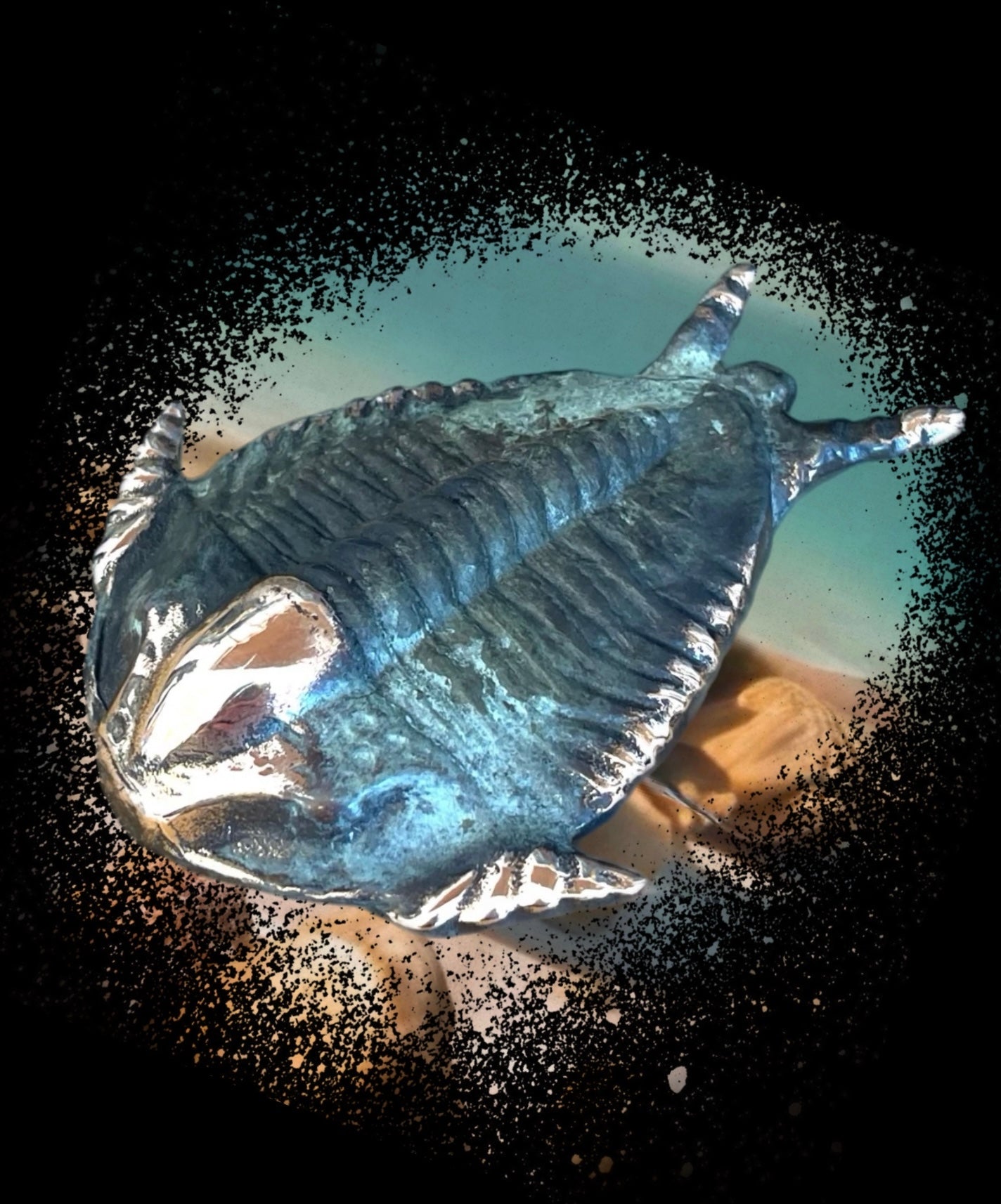 Bronzeskulptur af trilobit, 8x6 cm, inspireret af forhistorisk havdyr, signeret Johannes Sampson.